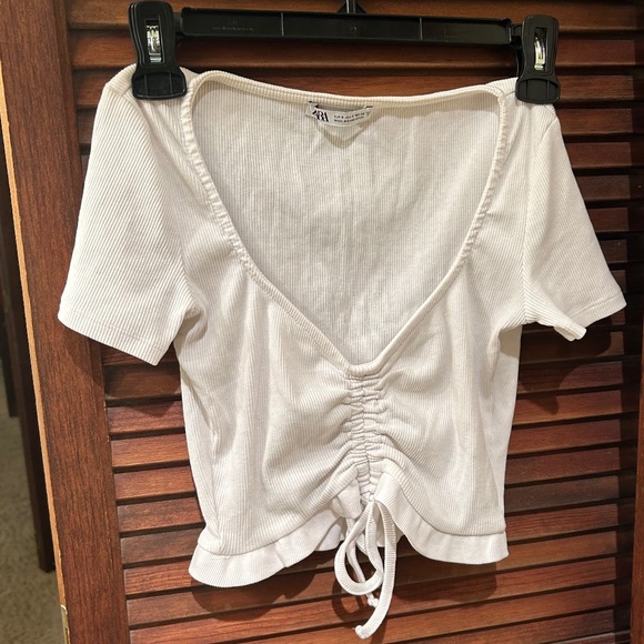 Zara White Ruched Ribbed Top - Picture 3 of 5